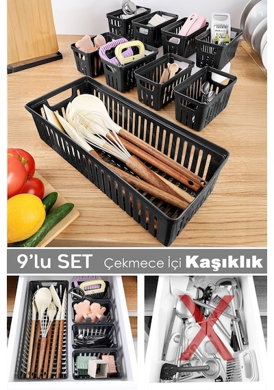 9 Parça Modüler Kaşıklık Seti - Çok Amaçlı Çekmece İçi Düzenleyici Mutfak Organizer Kepçelik Siyah