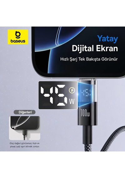 Baseusonline Display 2 100w Led Ekranlı Type-c To Type-c Hızlı Şarj Kablosu 1 Metre