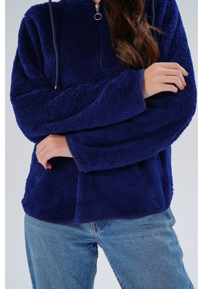 Paw Garage Kadın Büyük Beden Geniş Kalıp Wellsoft Kumaş Kapüşonlu Sweat - İçi Dışı Peluş Tasarım, Sıcak Tutar Lacivert