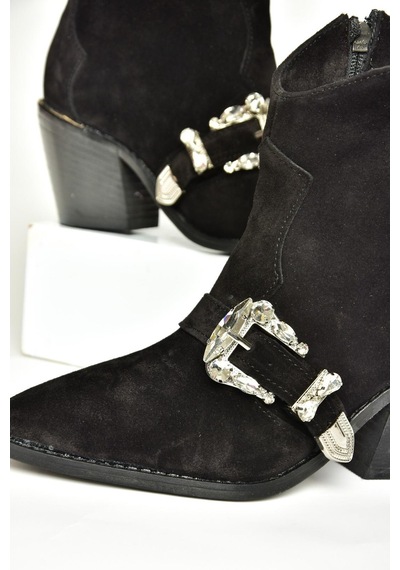 Fox Shoes T380395002 Siyah Süet Taş Detaylı Kadın Bot Siyah-Süet Siyah