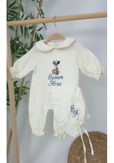Gros Shop Müslin Yeni Doğan 4katlı Organik %100pamuk Kişiye Özgü Nakışlı Hastane Çıkış Seti Balonlu Aslan-3 Ekru