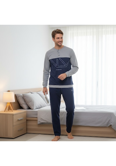 Bonbon Erkek Pamuklu Bohçalık Ve Çeyizlik Gri - Lacivert Renk Pijama Takımı Al008 V2