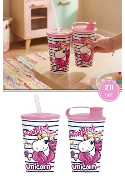 2'li Unicorn Çocuk Meşrubat Bardak Seti, Pipetli Kapaklı Su Süt Meyve Suyu Bardağı 330 Ml 2 Li Set Pembe