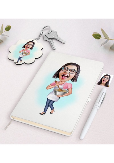 Kişiye Özel Ev Hanımı Karikatürlü Beyaz Defter Kalem Ve Anahtarlı N11.11843