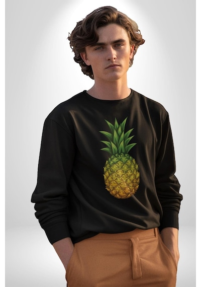 Ananas Meyve Unisex Siyah Baskılı Sweatshirt Siyah