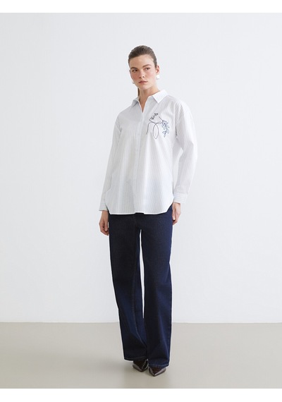 Lcw Comfort Mavi Çizgili Kadın Poplin Gömlek