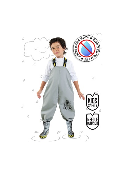 Denokids Erkek Çocuk İnşaat Araçları Desenli Gri Su İtici Ayarlanabilir Askılı Yağmur Tulumu 3-8 Yaş