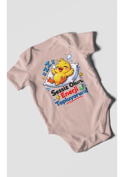 Morivokids Sessiz Olun, Enerji Topluyorum Kısa Kollu Bebek Body %100 Pamuk Pastel Pembe