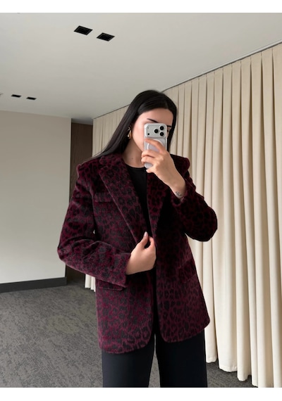 Laluvia Bordo Leopar Kemerli Ceket - 9614 Bordo