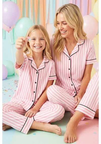 Siyah İnci Pamuklu Likralı Düğmeli Pijama Takım Pembe-beyaz Çizgili