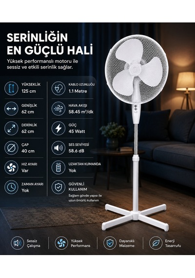 Opp Ayaklı 40 Cm Beyaz Vantilatör 45 Watt 90 Derece