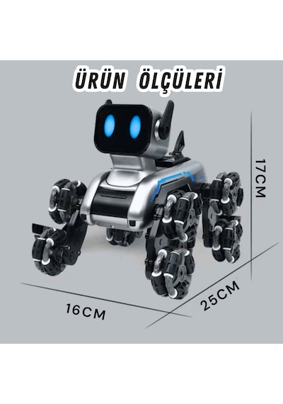 Oyuncak 2.4 Ghz Uzaktan Ve Bilekten Kumandalı Şarjlı 8 Teker Akrobat Robot Köpek Müzikli Ve Led Işık Gri