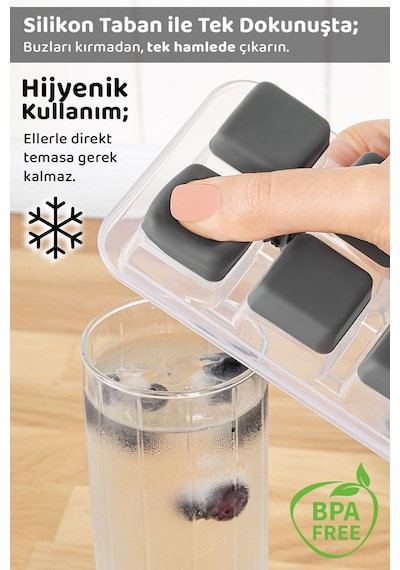 3 Adet Silikon Bas Çıkar Buzluk - 12 Hazneli Kapaklı Yapışmaz Silikon Kokteyl Sunum Buz Kalıbı Gri