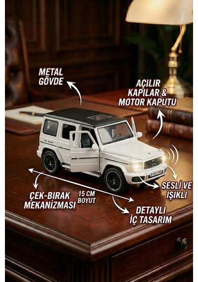 1:32 Metal Çek Bırak Mercedes G65 Beyaz Sesli Ve Işıklı Kapıları Açılan Oyuncak Arazi Aracı