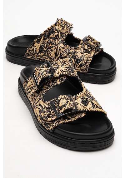 Luvishoes Luvi Shoes Mılana Siyah Desenli Hakiki Deri Tokalı Çift Bantlı Kadın Terlik Siyah