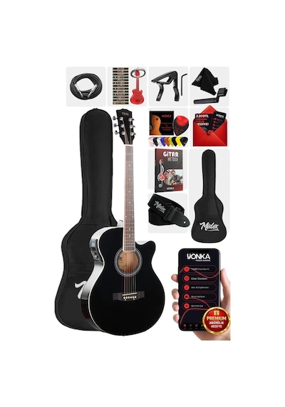 Midex XC-300XBK-EQ Profesyonel Siyah Elektro Akustik Gitar 4/4 Yetişkin Üst Segment (Gigbag Çanta Tuner Capo Askı Jak Kablo Pena)