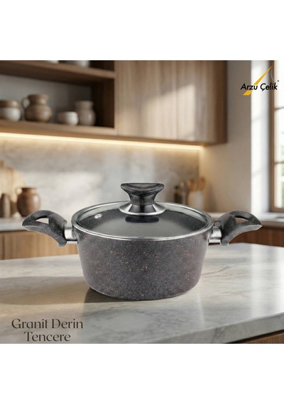 20 Cm Granit Derin Tencere Cam Kapak - Siyah Siyah
