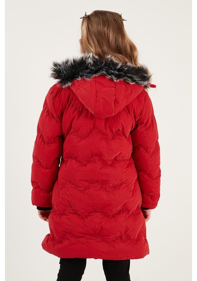 Lela Peluş Astarlı Yakası Suni Kürklü Çıkarılabilir Kapüşonlu Kışlık Kız Çocuk Mont 5761905 Kırmızı