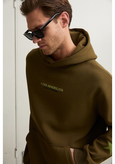 Grimelange Tuxon Erkek Yumuşacık İçi Polarlı Baskı Detaylı Kangru Cepli Regular Haki Sweatshirt Haki