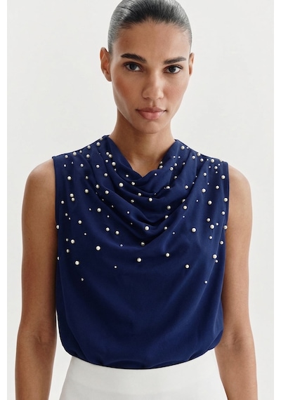 Sateen İnci Detaylı Bluz - Lacivert-137357