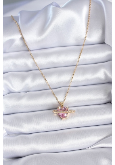 Ezoconcept 316l Çelik Gold Renk Zincir Pembe Kristal Kalp Model Zirkon Taş Detay Kadın Kolye Çok Renkli