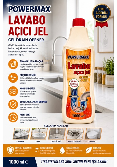 Powermax Lavabo Açıcı Jel 1000 Ml X3 Set Gider Açıcı Jel Mutfak Ve Banyo İçin