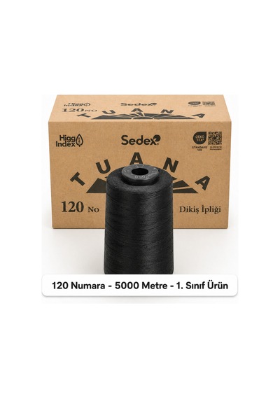 Tuana Polyester Dikiş İpliği 120 Numara 5000 Metre Siyah Tekli Bobin Makine İpi Dikiş İpi