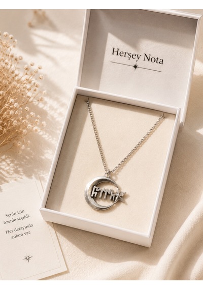 Göktürk Yazı Esintili Ay Yıldız Detaylı Metal Kolye Unisex Zincir Kolye Çok renkli
