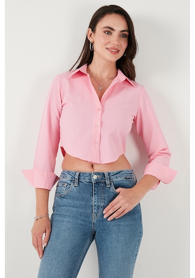 Lela Pamuk Karışımlı Slim Fit Uzun Kollu Crop Bayan Gömlek 6777336 Şeker Pembe