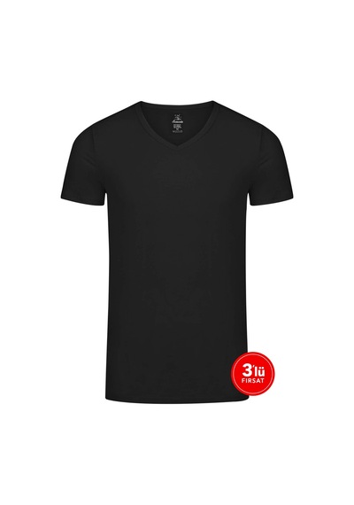 Sementa SAM Erkek Modal V Yaka Tshirt 3'lü Paket - Siyah