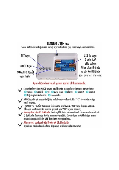 Upway 4 Adet Usb Çoklayıcı Not Panelli Dijital Masa Saati 3 Alarm Sıcaklık Takvim Doğum Günü Beyaz