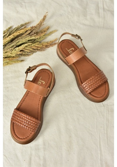 Fox Shoes Taba Hakiki Deri Örgü Modelli Günlük Kadın Sandalet
