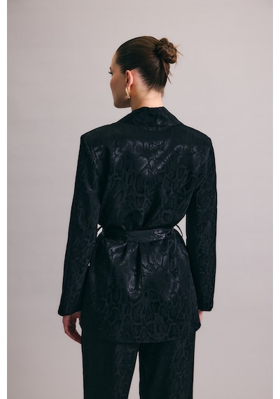 Sateen Yılan Desenli Uzun Ceket - Siyah-136437 Siyah
