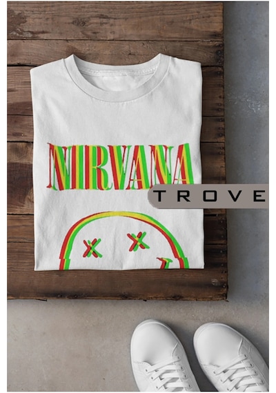 Startmore Unısex Kadın Erkek Nırvana Halüsinasyon %100 Pamuk Baskılı Siyah Beyaz T-shirt Beyaz