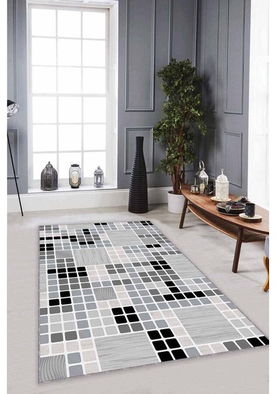Gri Geometrik Kaymaz Tabanlı Makinede Yıkanabilir Halı Puz01n11