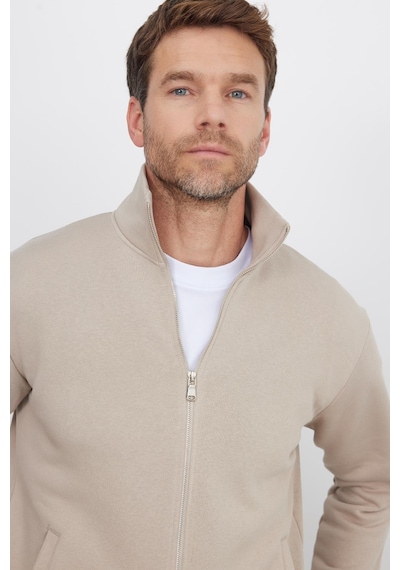 Tudors Unisex Relax Fit Rahat Kesim Pamuklu 3 İplik İçi Polarlı Fermuarlı Cepli Taş Sweatshirt Hırka-41679 Taş