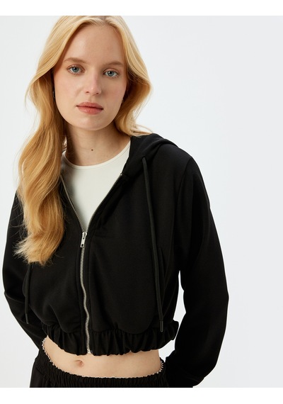Koton Krep Scuba Kumaş Bomber Crop Fermuarlı Sweatshirt Siyah 5wak10045ek