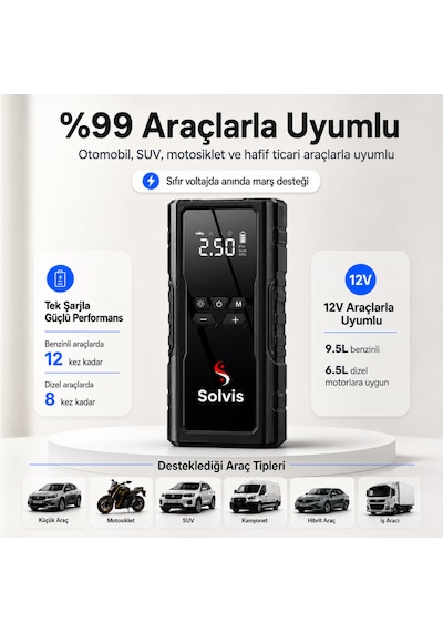 Solvis 4'ü 1 Arada 12v Akıllı Akü Takviye Cihazı, Lastik Şişirme, Powerbank Ve Led Aydınlatma Çanta Hediyeli
