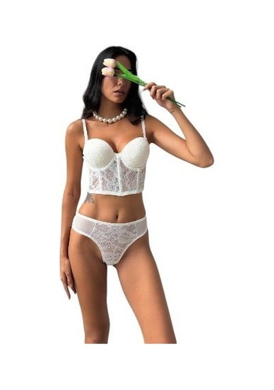 Onsekiz18shop Destekli Taşlı Tül Beyaz Parıltılı Çiçekli Beyaz Büstiyer Takım