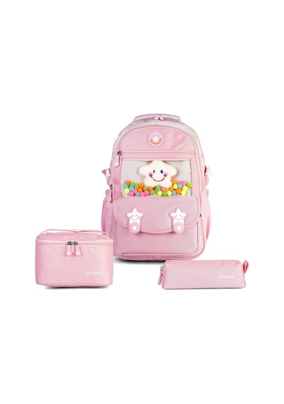 3'lü Set Çocuk İlkokul Çantası Kalemlikli Beslenme Çantalı Sırt Çantası Rlx-1940 Pembe