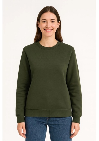 Valensdesign Üç İplik Düz Bisiklet Yaka Sweatshirt - Haki