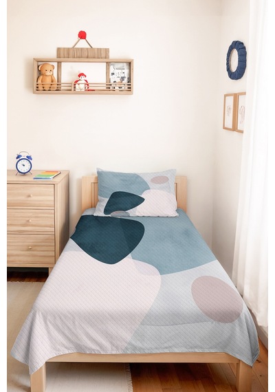Mavi Geometrik Modern Genç Odası Tek Kişilik Pike Takımı-pudra Gri 160x220 Cm Kapitone Yatak Örtüsü Krem
