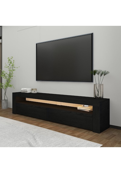 Batı LED Işıklı 2 Kapaklı TV Sehpası – 150 cm – Minimal Tasarım, Ahşap siyah