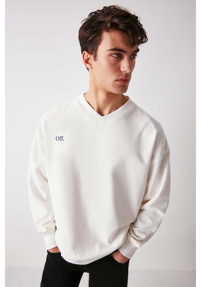 Grımelange Off  Erkek Organik Pamuklu Yazı Nakış Detaylı V Yakalı Içi Polarsız Oversize Beyaz Sweatshirt
