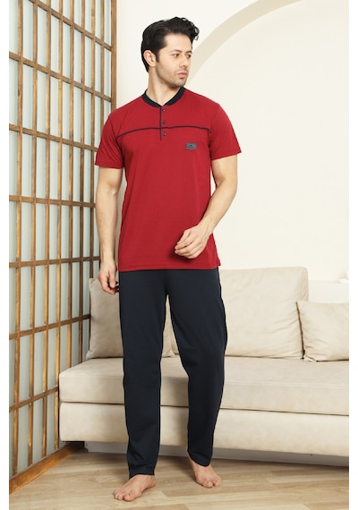 Enisena Erkek %100 Pamuk Pijama Takımı -3 Düğmeli-robalı 12383 Bordo