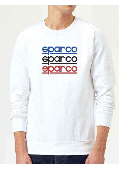 Sparco Logo Mavi Sarı Kırmızı Baskılı Beyaz Erkek Örme Sweatshirt
