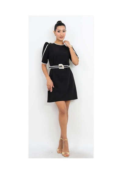 Dorne Moda Kemer Detaylı Mini Elbise Siyah Siyah