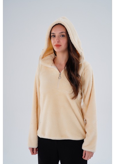 Gülmina Moda Kadın Çift Taraflı Wellsoft Yarım Fermuarlı Kapişonlu Sweat - Krem