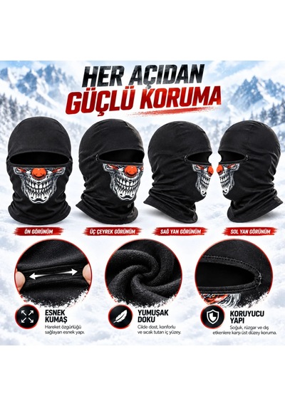 Teorastore Unisex Şık Palyaço Desenli Balaklava Kışlık Tam Yüz Maske Termal Nefes Alan Esnek Kask Altı Boyunluk Siyah