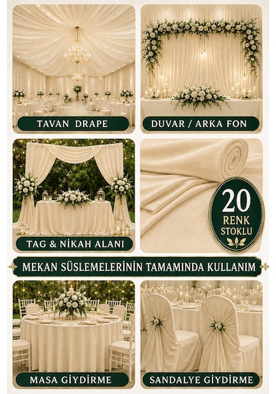 Süsleme Kumaşı 10 Metre Düğün, Davet, Organizasyon Ve Parti Süslemeleri İçin Dekoratif Kumaş Krem Krem